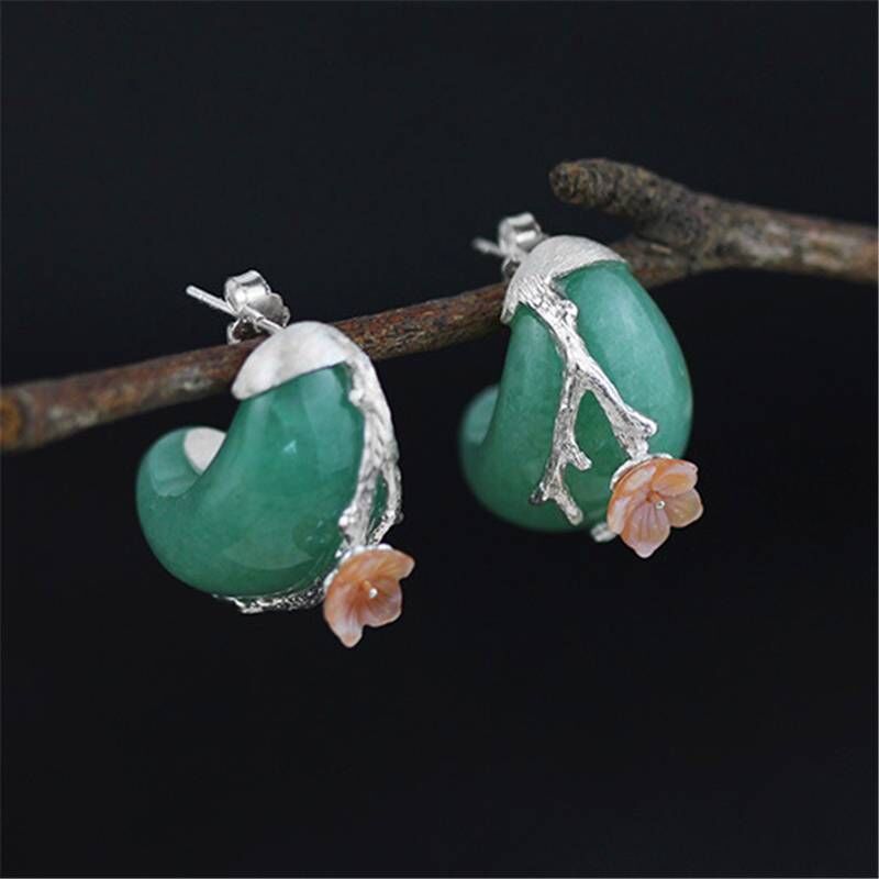 Lotus Fun Real 925 Sterling Silver Natural Aventurine Original Handmade Fine Jewelry Plum Flower Stud Earrings for Women Spring Blooms