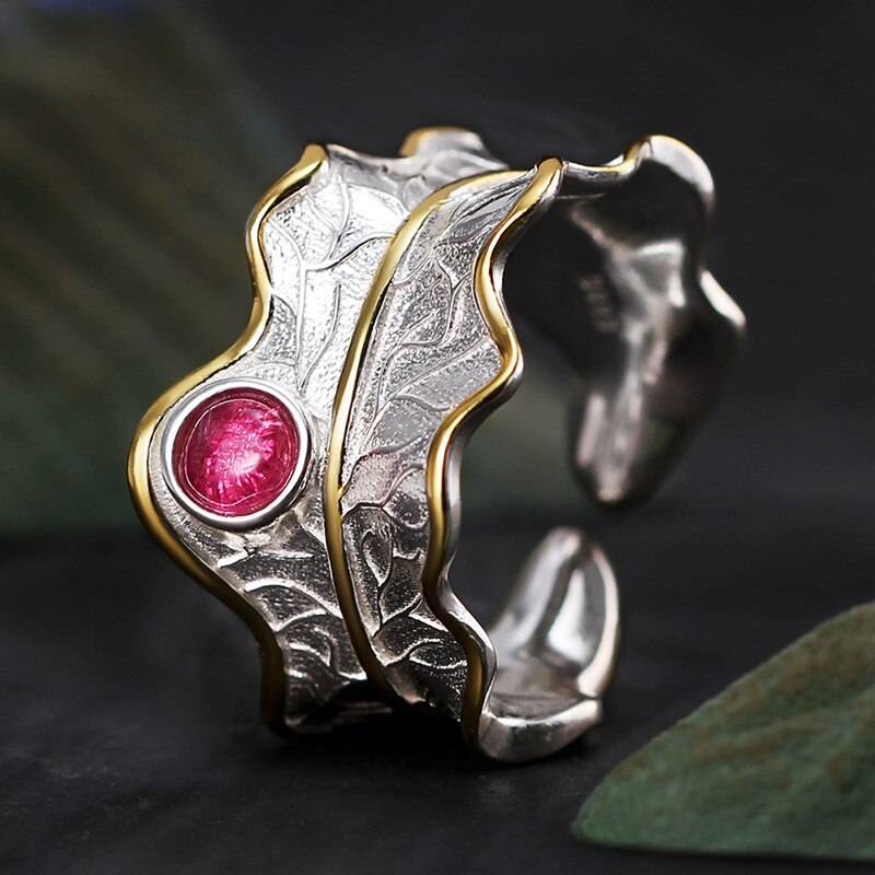 Lotus Fun Real 925 Sterling Silver Ring Natural Tourmaline Gemstones Fine Jewelry Adjustable Peony Leaf Rings for Women Bijoux Rings Ring Size: Resizable Gem Color: Red
