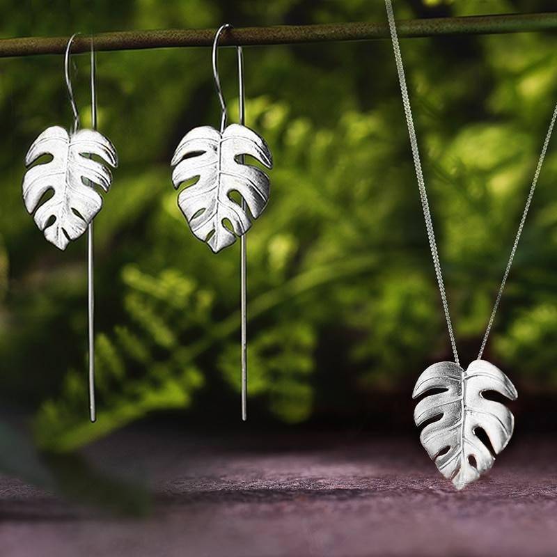 STATEMENT MONSTERA LEAF SILVER SET Earrings Jewelry Sets Necklaces