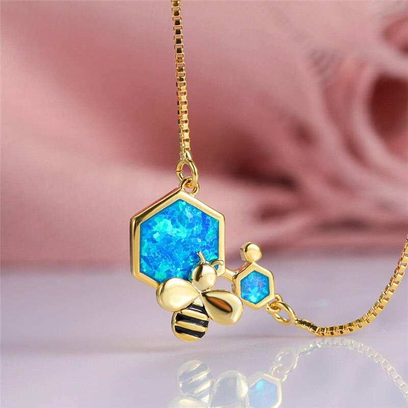 Honey Bee Opal Charm Necklace Gold Blue