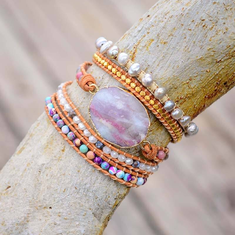 Calming Pink Tourmaline Wrap Bracelet on branch