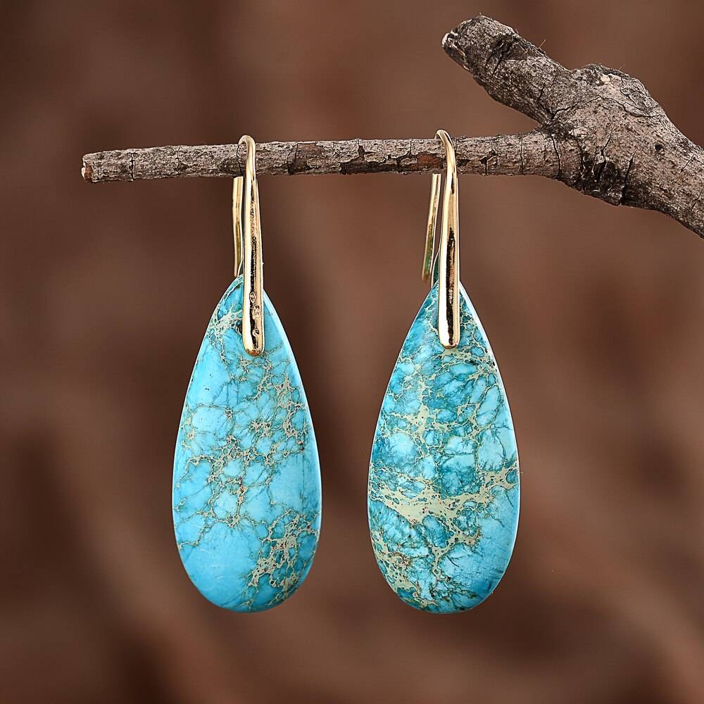 Sky Imperial Jasper Teardrop Earrings light blue gold