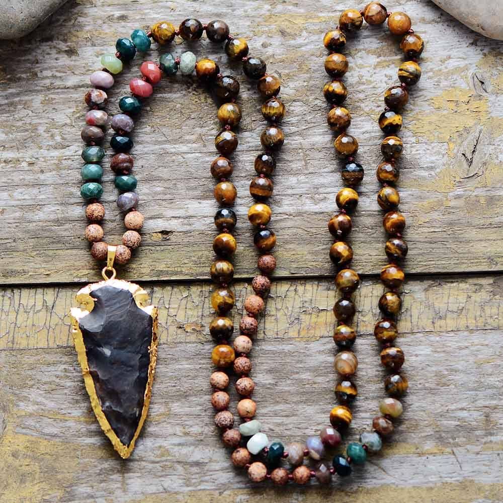 High End Tiger Eye Onyx Stone Gilded Arrowhead Pendant Necklace Women Natural Stone Bead Chain Necklace Jewelry Dropshipping Necklaces