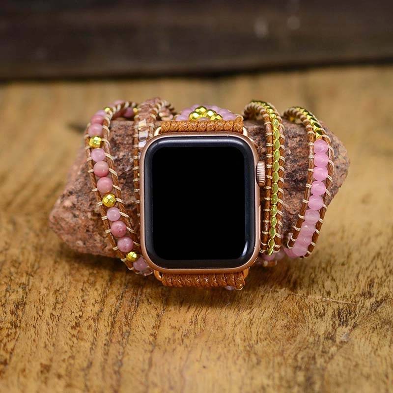 Natural Stone BOHO Rose Quartz Apple Watch Strap Leather Bracelet 5 Wrap Watch Band for Gifts Jewelry Dropshipping Apple Watch Straps