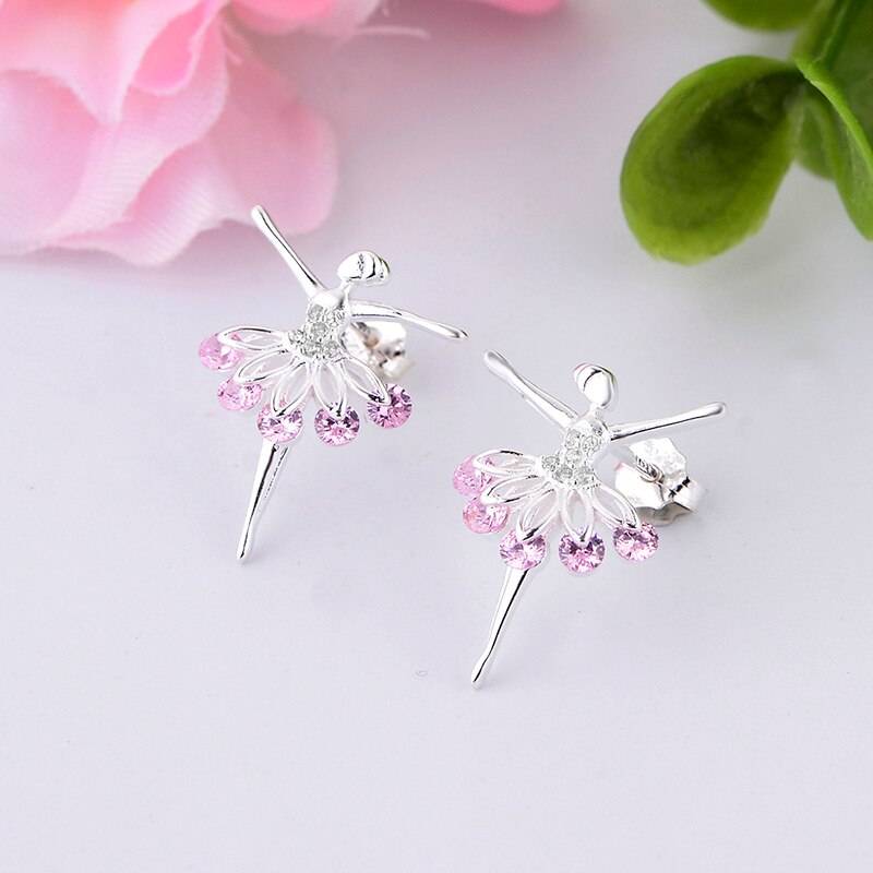 100% 925 Silver Flower Fairy Angel Ballet Ballerina Dancer Pink Zircon Stud Earrings For Women Kids Pendientes Fashion 2022 NEW Earrings